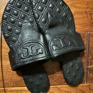 Tory Burch Black Quilted Leather Slippers